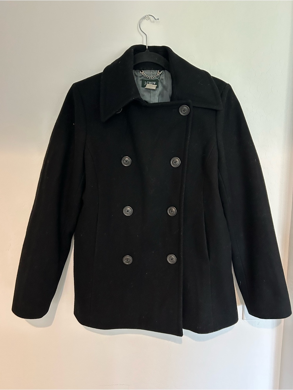 J Crew Womens Medium Black Coat Pea Coat Wool Double Breasted Side Pockets DA